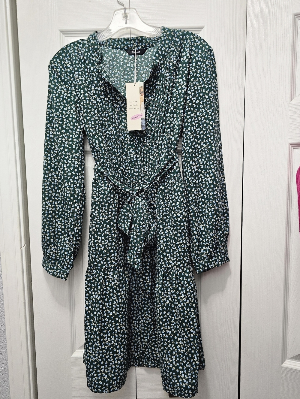 Forest Green Floral Tie-Waist Long Sleeve Dress